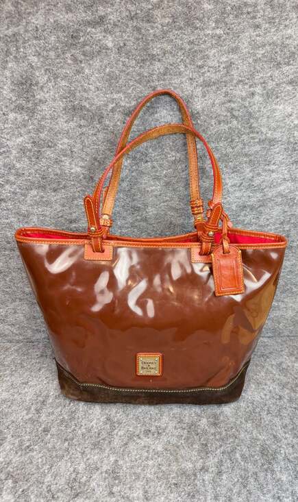 Dooney & Bourke Handbags - Dooney & Bourke Brown Patent Leather Tote with Suede Bottom